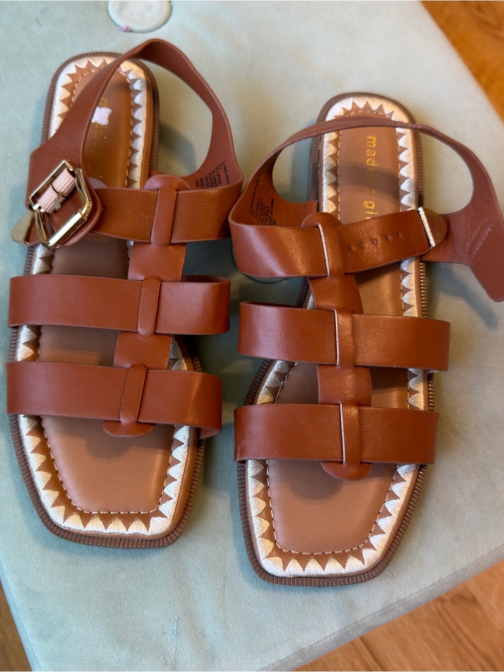 Madden Girl Tan Brown Leather Strappy Sandals with Gold Accents